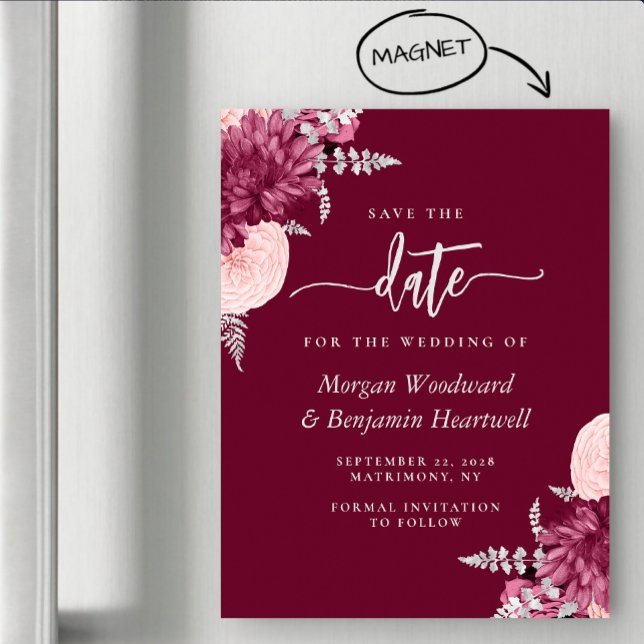 Invitación Magnética Burgundy Blush Silver Floral Wedding Save the Date (Subido por el creador)