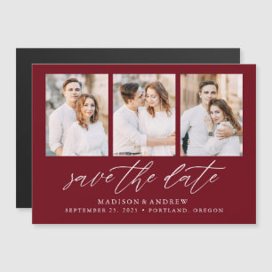 Invitación Magnética Burgundy Elegant Script 3 Foto Save the Date
