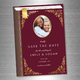 Invitación Magnética Burgundy Gold Book Wedding Save The Date Card