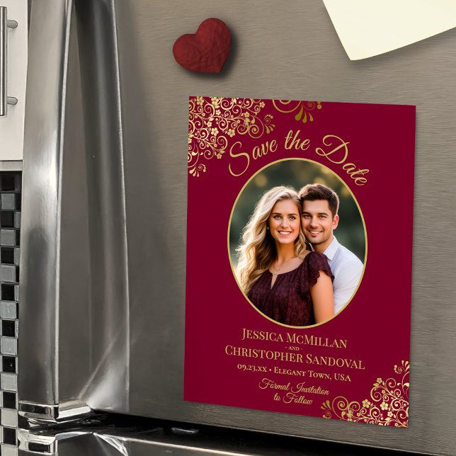 Invitación Magnética Burgundy & Gold Fancy Wedding Save the Date Photo (Magnetic Card for Easy Display!)