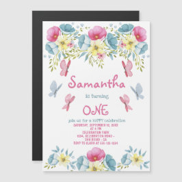 Invitación Magnética Butterflies Pink Watercolor Florals Cumpleaños