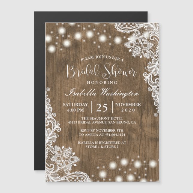 Invitación Magnética Cadena floral de encaje ligera de madera rústica D (Anverso/Reverso)