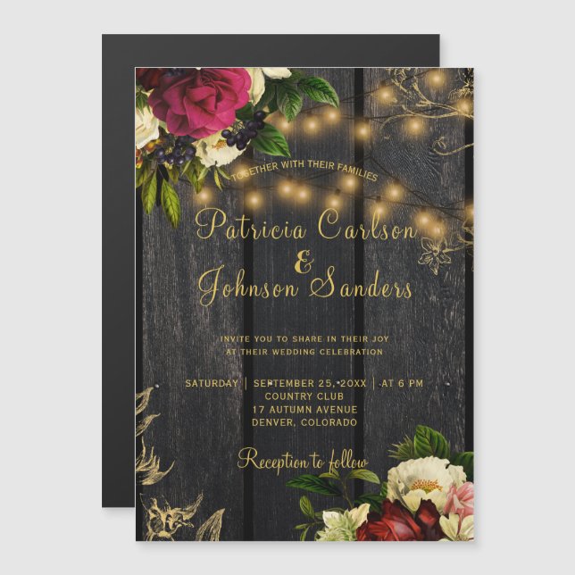 Invitación Magnética Caer madera rústica y luces de cuerda boda floral (Anverso/Reverso)