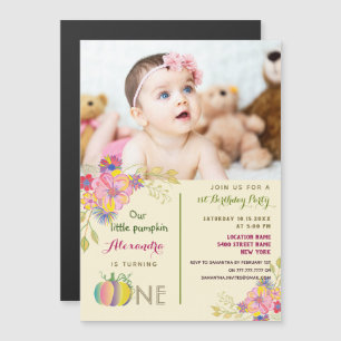 Invitación Magnética Calabaza Floral Rosa para Cumpleaños Número 1 de N