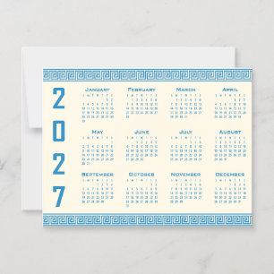 Invitación Magnética Calendario 2027, Fret Griego, Azul sobre Latte Cós