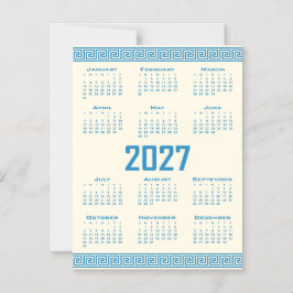 Invitación Magnética Calendario 2027, Greca Griega, Azul sobre Café Cós