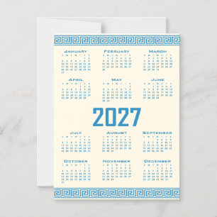 Invitación Magnética Calendario 2027, Greca Griega, Azul sobre Café Cós