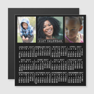 Invitación Magnética Calendario Anual 2027 Negro 3 Collage de Fotos P
