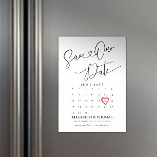 Invitación Magnética Calendario Corazón Rojo Moderno Anuncio de Boda