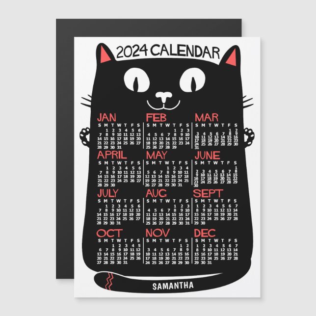 Invitación Magnética Calendario de 2024 años Mensual de gato negro de m (Anverso/Reverso)