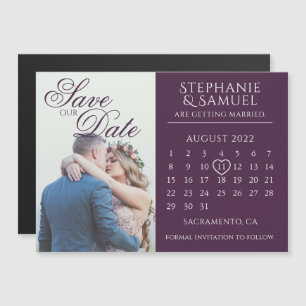 Invitación Magnética Calendario de Boda Elegante Morado Guarde la Fecha