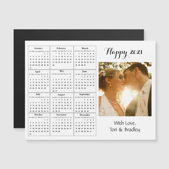 Invitación Magnética Calendario de boda Photo White Mini 2021 (Anverso/Reverso)