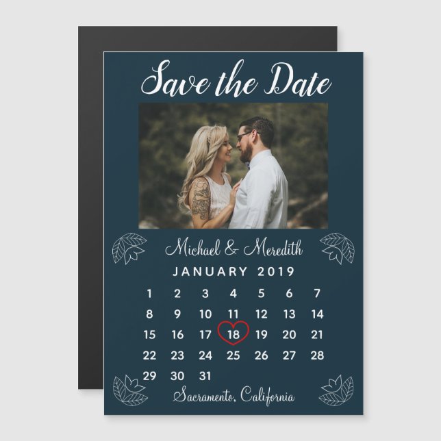 Invitación Magnética Calendario de Bodas azules de la Marina Foto Guard (Anverso/Reverso)
