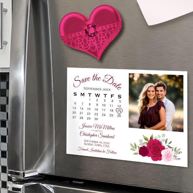 Invitación Magnética Calendario de rosas rosa y magenta foto Guardar fe (Magnetic for Easy Display!)