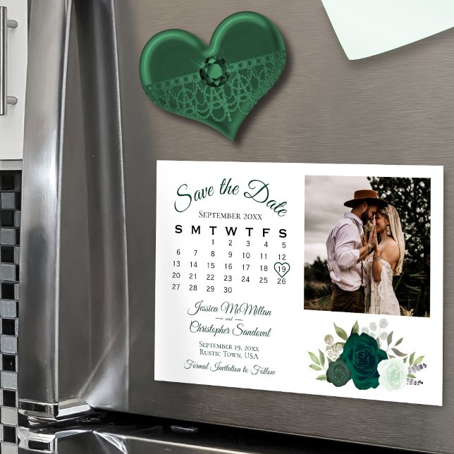 Invitación Magnética Calendario de Rosas verdes de Esmeralda y foto Gua (Magnetic Back for Easy Display!)