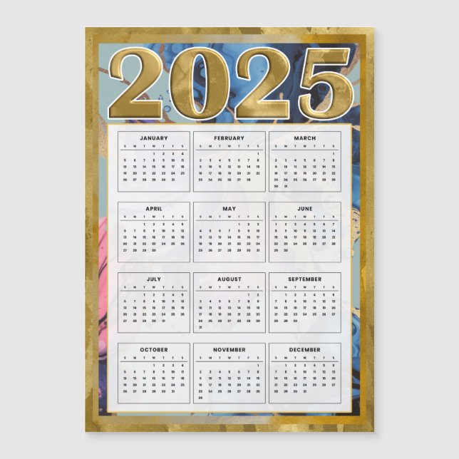 Invitación Magnética Calendario Magnético 2025 Para Nevera Oro Azul Ros (Anverso)