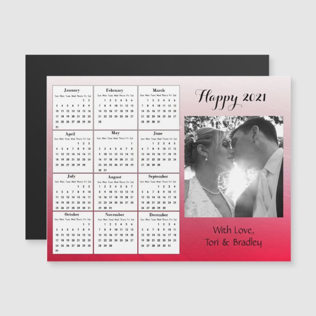Invitación Magnética Calendario Mini 2021 de gradiente rojo fotográfico (Anverso/Reverso)