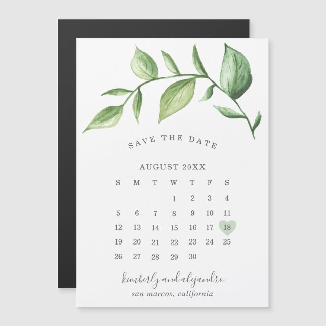 Invitación Magnética Calendario Rústico Verde Guarda la Fecha (Anverso/Reverso)