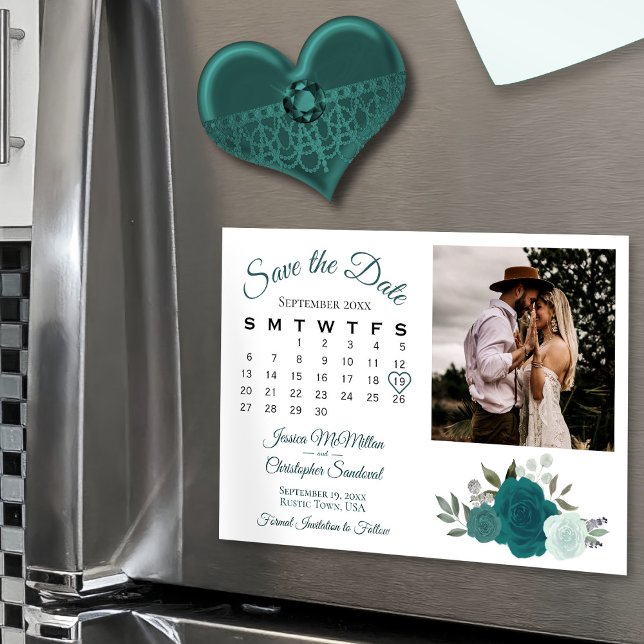 Invitación Magnética Calendario y foto de los Rosas verde azulados y Aq (Magnetic for Easy Display!)