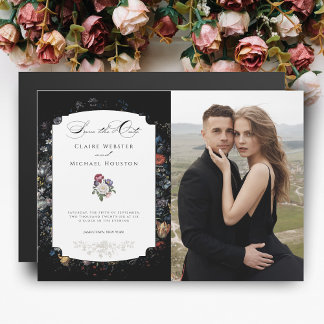 Invitación Magnética Caligrafía floral negra/foto Guardar la fecha