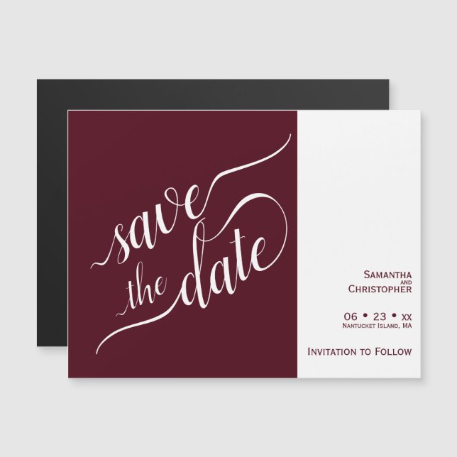 Invitación Magnética Caligrafía moderna Boda borgoña salva la fecha (Anverso/Reverso)