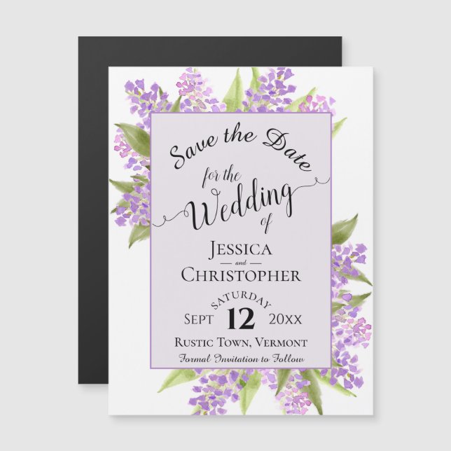 Invitación Magnética Calligrafía Lilacs Boda Lavender Ahorra la Fecha (Anverso/Reverso)