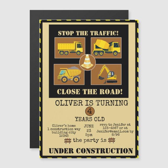 Invitación Magnética Camiones de construcción | Fiesta de cumpleaños te (Anverso/Reverso)