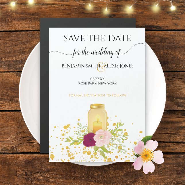 Invitación Magnética Candle Mason Jar Gold Sparkle Save the Date (Subido por el creador)