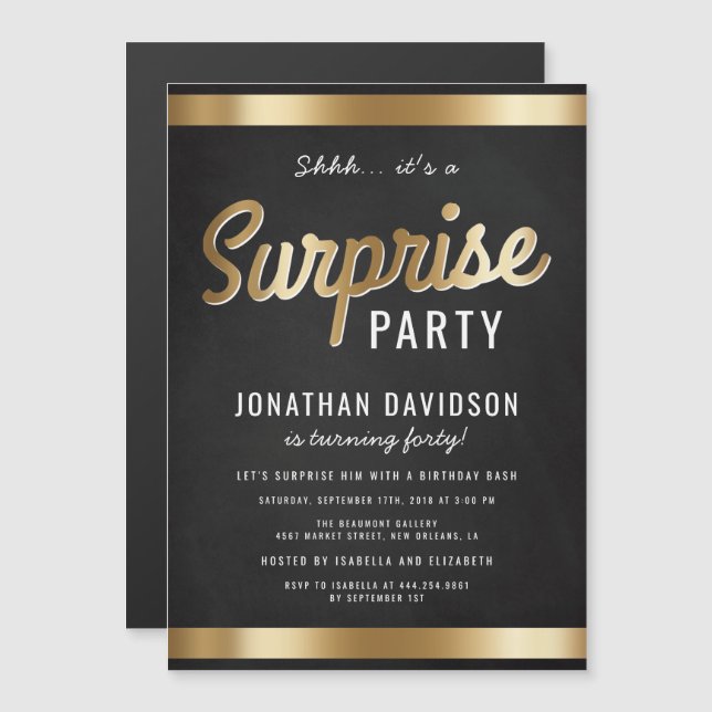 Invitación Magnética Caramel Gold y Black Surprise Birday Party (Anverso/Reverso)