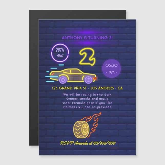 Invitación Magnética Carreras de señas Neon Tema del coche Fiesta de cu (Anverso/Reverso)