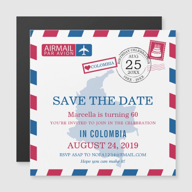 Invitación Magnética Celebración del cumpleaños del Airmail en Colombia (Anverso/Reverso)