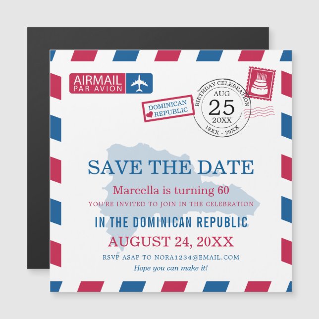 Invitación Magnética Celebración del cumpleaños del Airmail en Repúblic (Anverso/Reverso)