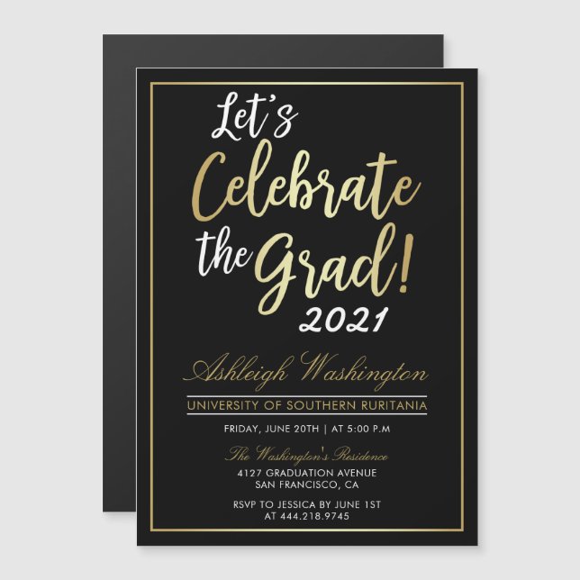 Invitación Magnética ¡Celebremos El Grad! | Graduación en negro dorado (Anverso/Reverso)