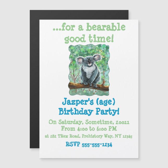 Invitación Magnética Centro de fiesta de koala oso lindo (Anverso/Reverso)