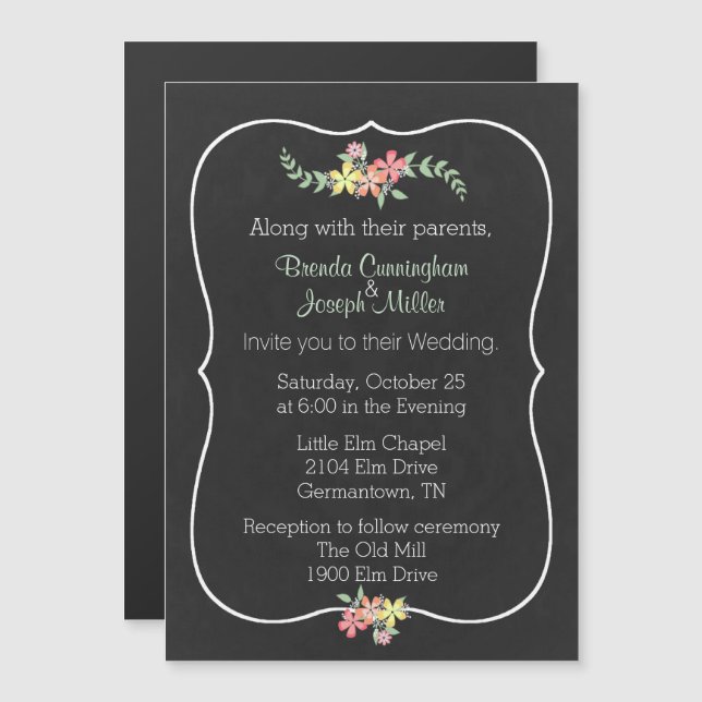 Invitación Magnética Chalkboard Look Floral Wedting Magnet (Anverso/Reverso)