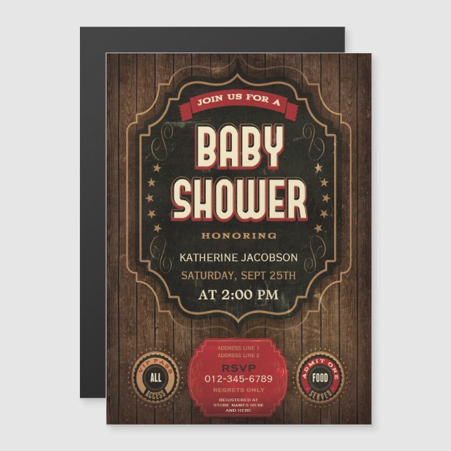Invitación Magnética Chalkboard y madera rústica de Baby Shower (Anverso/Reverso)