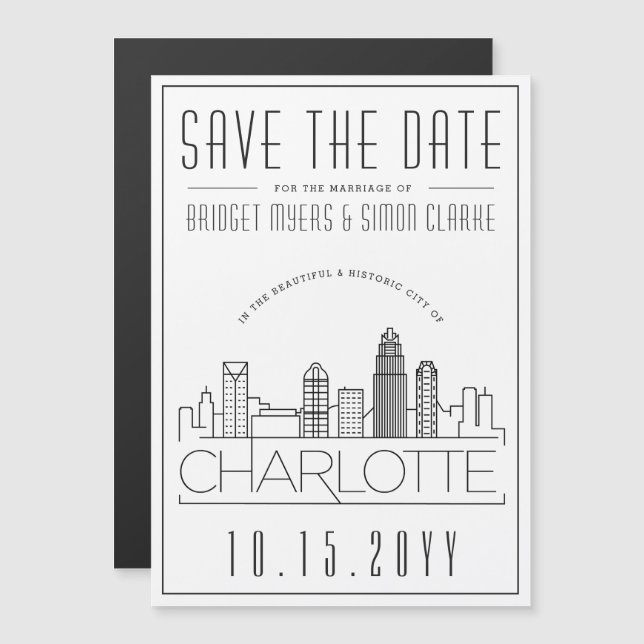 Invitación Magnética Charlotte Boda | Estilizado Skyline Guardar la fec (Anverso/Reverso)
