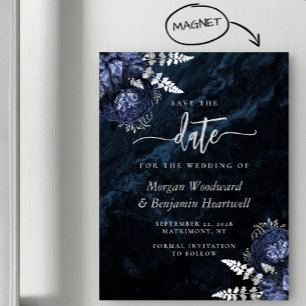 Invitación Magnética Chic Ahorro de la Boda Floral de Azul Marino y Pla