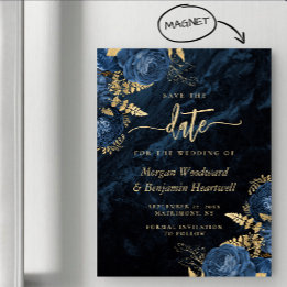 Invitación Magnética Chic Azul Marino Dorado Floral Boda Guardar la Fec