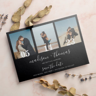 Invitación Magnética Chic Black Script 3 Foto Ahorro de Fecha de Boda