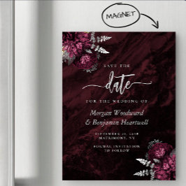 Invitación Magnética Chic Burgundy Plata Floral Boda Save the Date