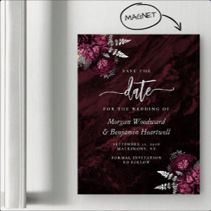 Invitación Magnética Chic Burgundy Plata Floral Boda Save the Date