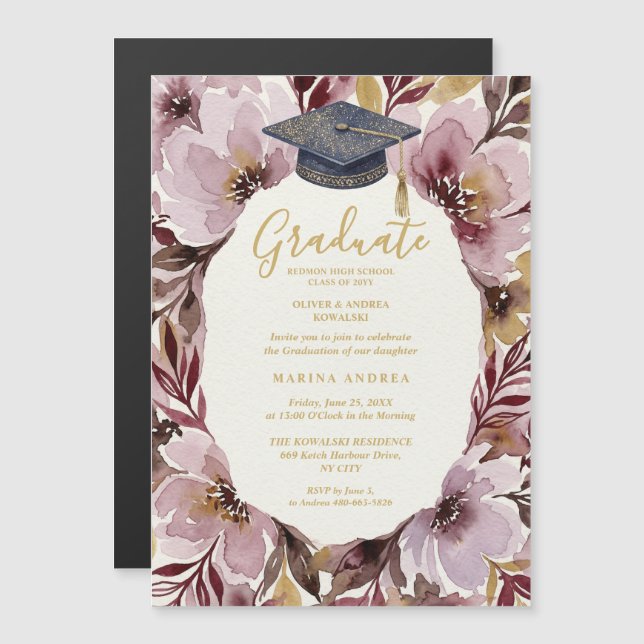 Invitación Magnética Chic Delicate Pink Floral Wreath Graduation Cap (Anverso/Reverso)