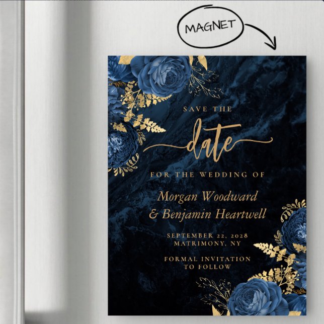 Invitación Magnética Chic Navy Blue Gold Floral Wedding Save the Date (Subido por el creador)
