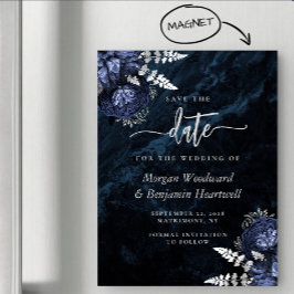 Invitación Magnética Chic Navy Blue Silver Floral Wedding Save the Date