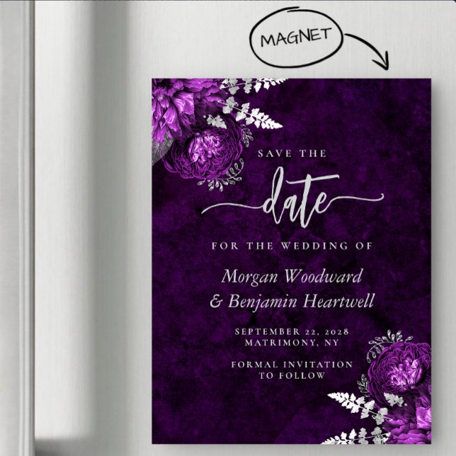 Invitación Magnética Chic Plum Silver Floral Wedding Save the Date (Subido por el creador)