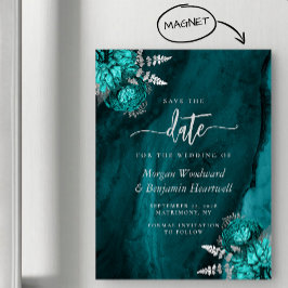 Invitación Magnética Chic Teal Plata Floral Boda Guardar la Fecha