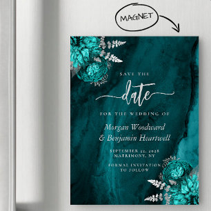 Invitación Magnética Chic Teal Plata Floral Boda Guardar la Fecha