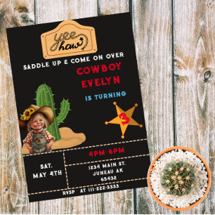 Invitación Magnética Chica Cumpleañera Fiesta de Cactus Vaquero