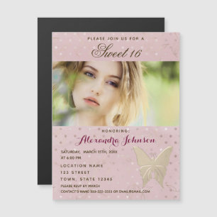 Invitación Magnética Chica Cumpleaños 16 Rosa y Mariposa Dorada